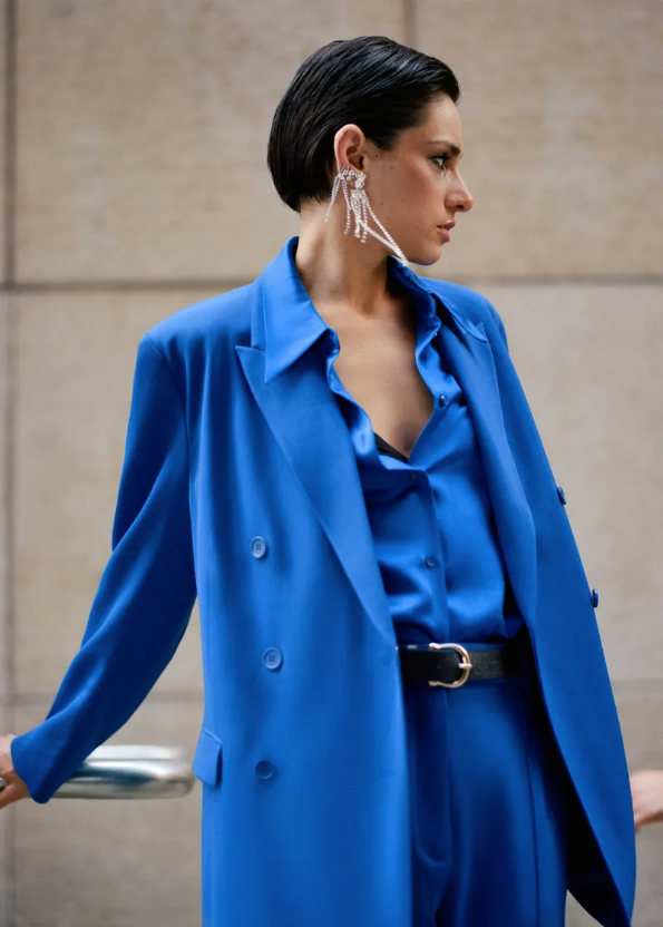 woman in blue suit semi perspective